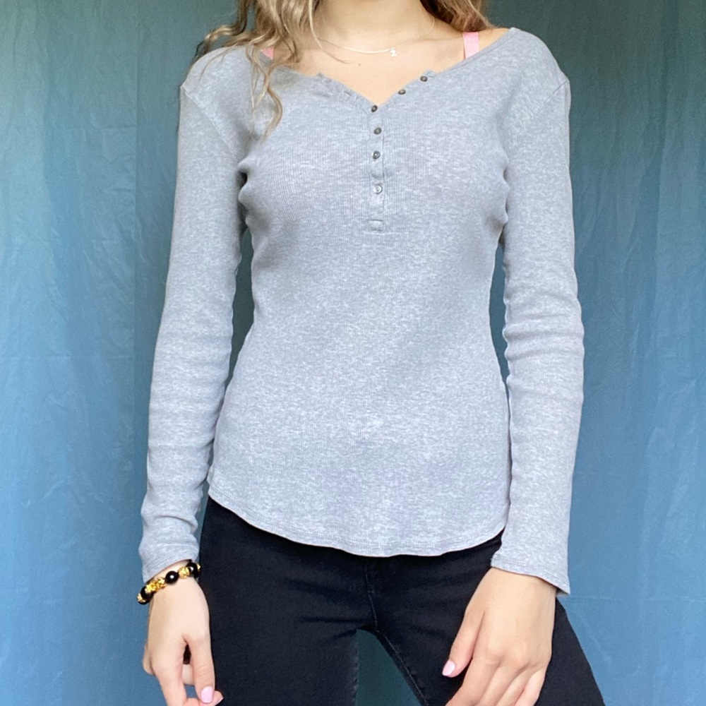 Style & Co Small Classic Gray Longsleeve Button Up Ribbed Style Cute Casual Top
